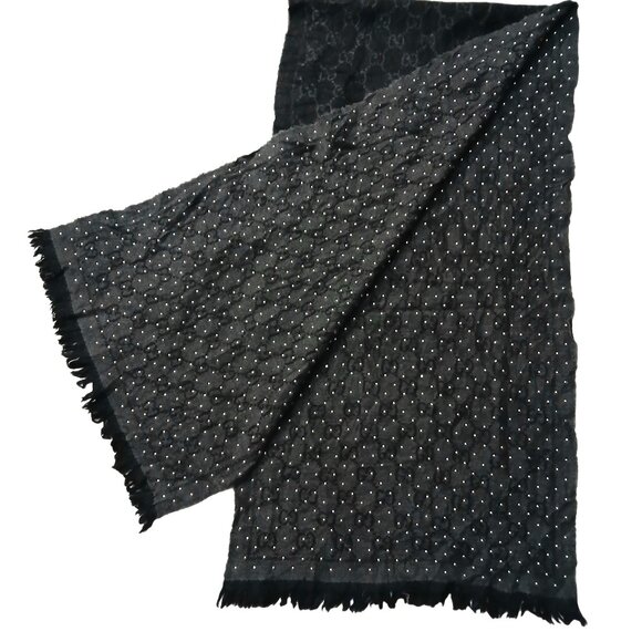 Gucci Rare Vintage Studded Dark Grey & Silver Reversible GG Logo Print Shawl - Picture 2 of 10